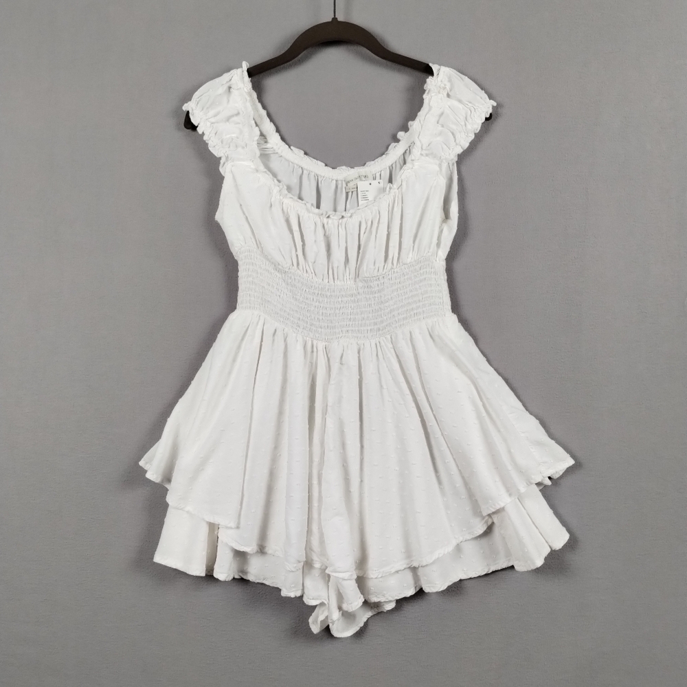 Urban Outfitters Womens Large Romper White Smocked Layered Ruffle Swiss Dot